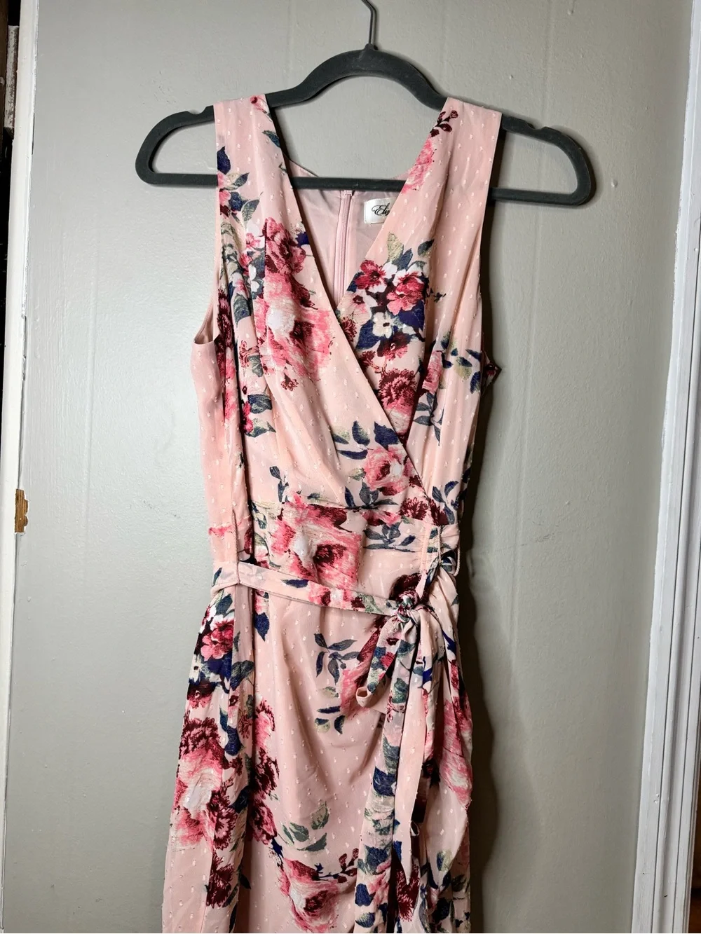 Sleeveless Pink Floral Wrap Midi Dress